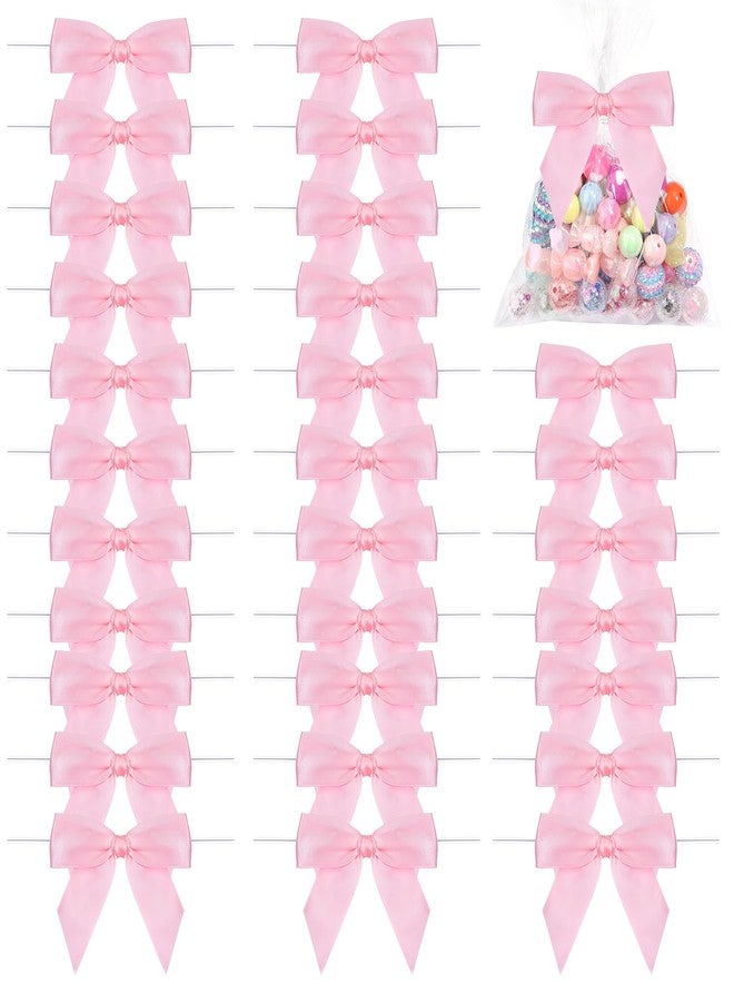 Hiswan 50PCS Twist Tie Bows for Treat Bags 3.5” Pre Tied Satin Ribbon Bows with Wire for Gift Wrapping DIY Crafts Wedding Baby Shower Birthday Party Christmas Halloween Decorations Pink - Image 1