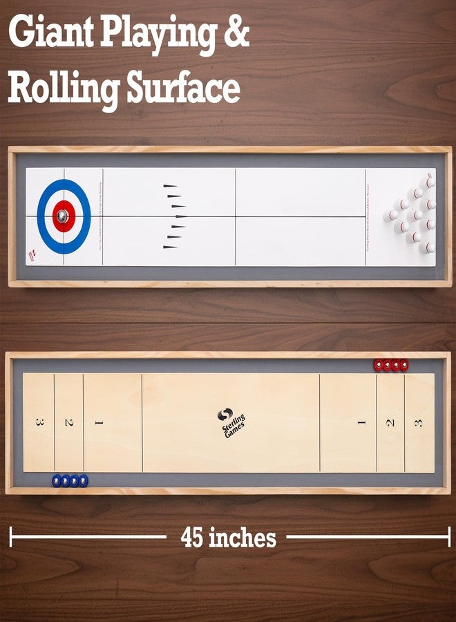 Sterling Games Tabletop Shuffleboard, Bowling and Curling 3 in 1 Combo Game Set, Two Sided Wooden Arcade Game Board with Pucks and Bowling Pins, a Table Top Game for Kids and Family - Image 4
