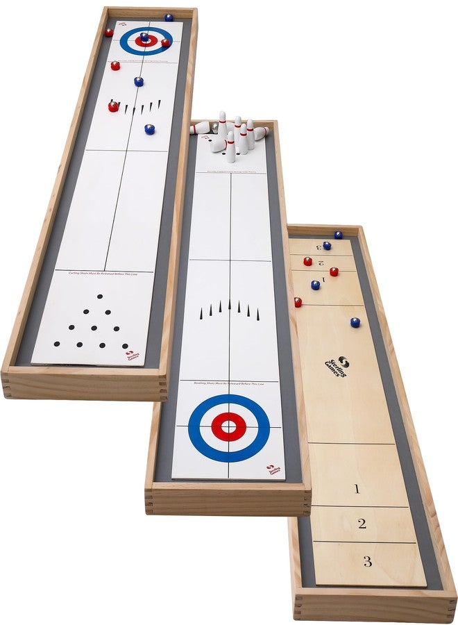 Sterling Games Tabletop Shuffleboard, Bowling and Curling 3 in 1 Combo Game Set, Two Sided Wooden Arcade Game Board with Pucks and Bowling Pins, a Table Top Game for Kids and Family - Image 1