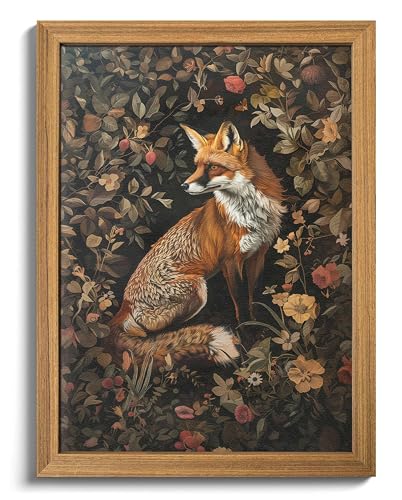 AKWISH Framed 3D Textured Vintage Wall Art Dark Academia Decor Hand Drawn Sandstone Fox Paintings with Botanical Florals Aesthetic Wall Decor for Living Room Bedroom Home 12x16 inch - Image 1