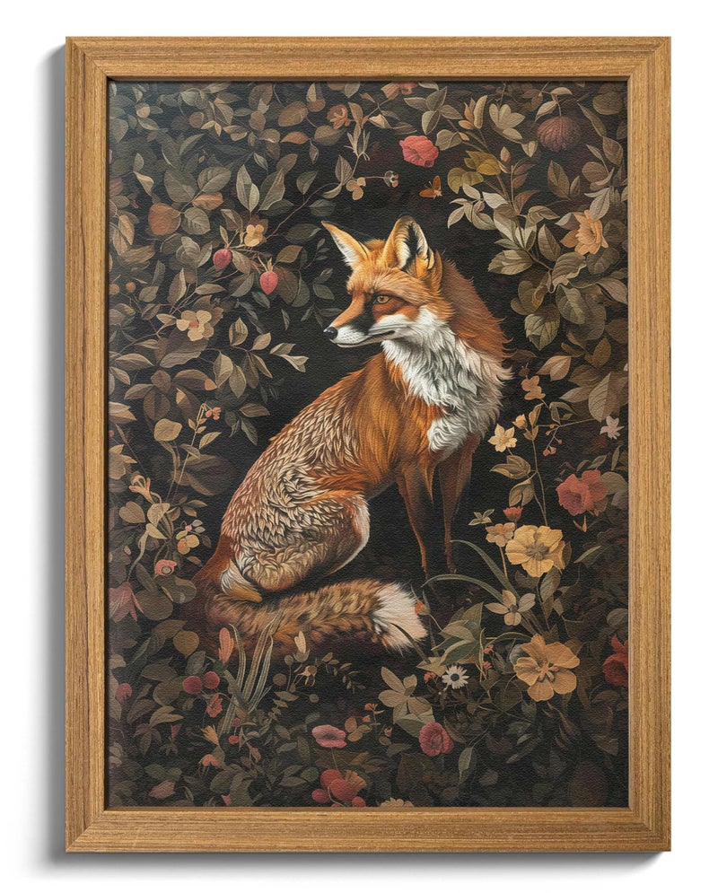 AKWISH Framed 3D Textured Vintage Wall Art Dark Academia Decor Hand Drawn Sandstone Fox Paintings with Botanical Florals Aesthetic Wall Decor for Living Room Bedroom Home 12x16 inch - Image 2