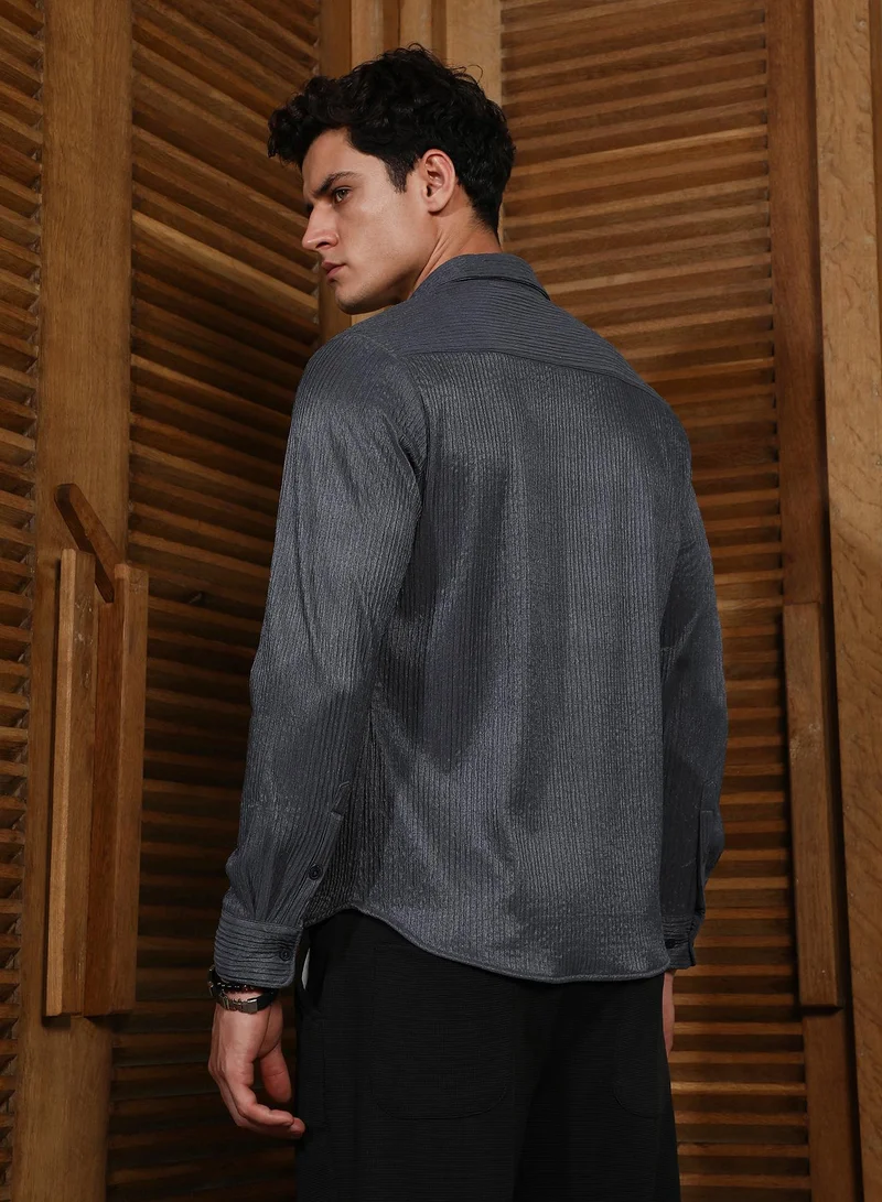 CAHOOT  Men's Charcoal Grey Solid Creased Shirt for Men | Best Price UAE