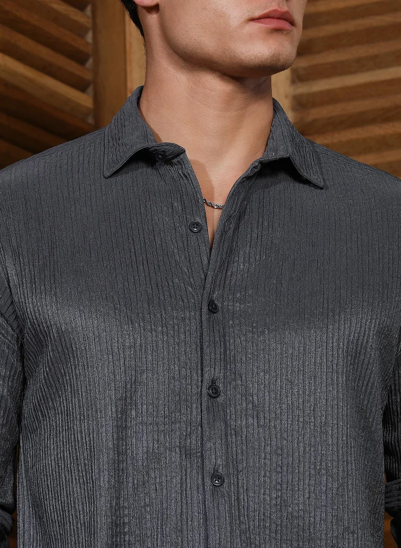 CAHOOT  Men's Charcoal Grey Solid Creased Shirt for Men | Best Price UAE