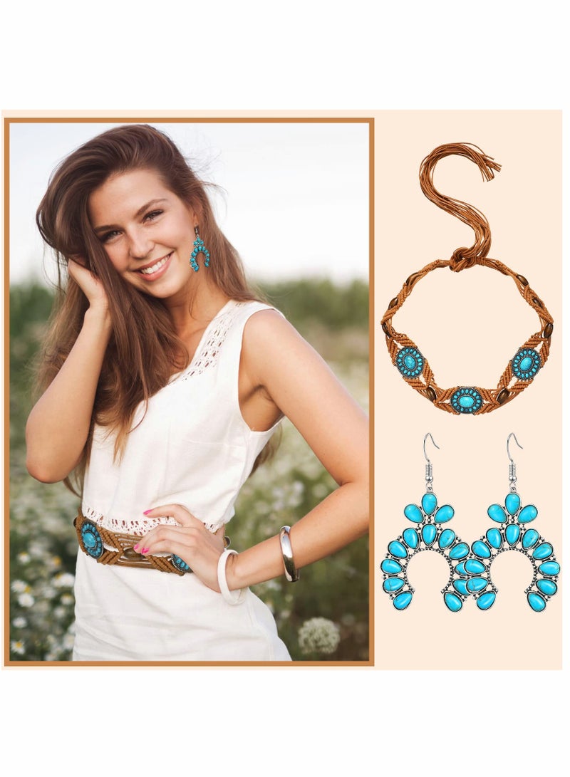 Turquoise Woven Waist Belt and Bohemian Jewelry Set for Women, Featuring Drop Statement Post Earrings - 2 Piece Accessory Collection. - Image 2