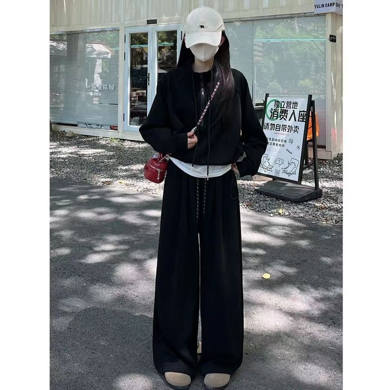 Autumn New Lazy Style Casual Suit High Waist Slimming Wide Leg Pants Design Sense Sweat Combination Suit - Image 3