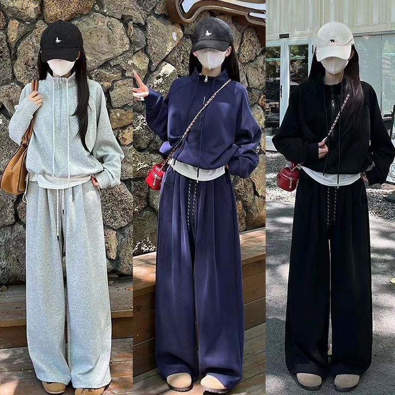 Autumn New Lazy Style Casual Suit High Waist Slimming Wide Leg Pants Design Sense Sweat Combination Suit - Image 2