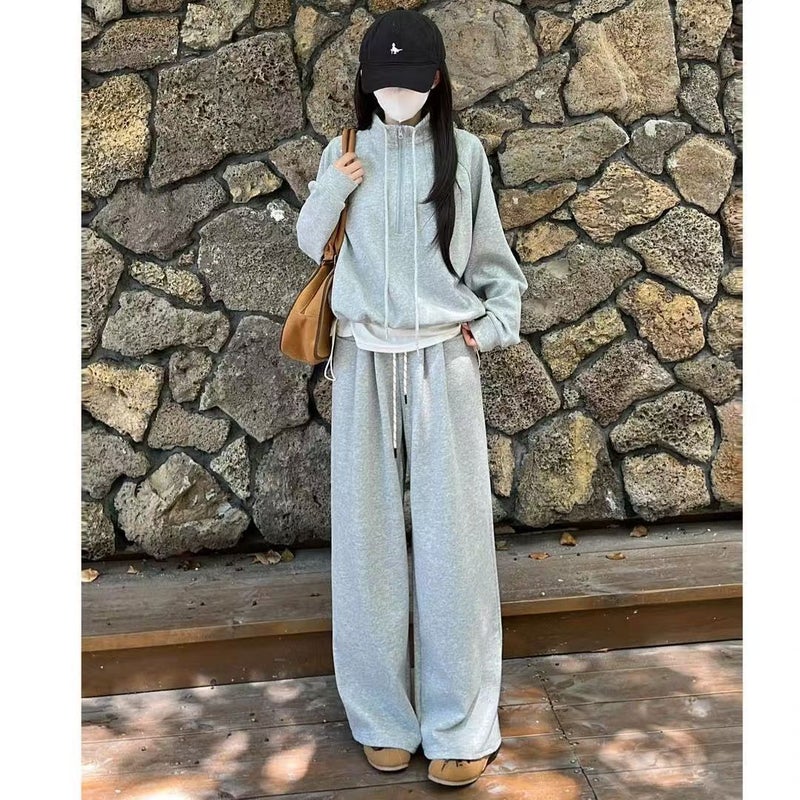 Autumn New Lazy Style Casual Suit High Waist Slimming Wide Leg Pants Design Sense Sweat Combination Suit - Image 4