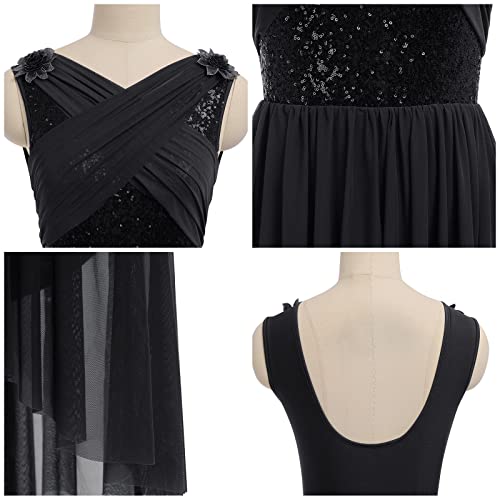 AFAVOM Women's Lyrical Dance Costume Sleeveless V-Neck Sequin Flower Lyrical Dance Dress Asymmetric Flowy Mesh Tulle Skirt Contemporary Dance Costumes Ballet Leotard Dancewear Black S - Image 5