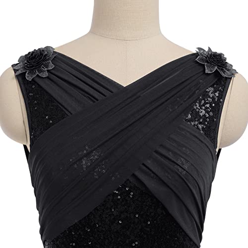AFAVOM Women's Lyrical Dance Costume Sleeveless V-Neck Sequin Flower Lyrical Dance Dress Asymmetric Flowy Mesh Tulle Skirt Contemporary Dance Costumes Ballet Leotard Dancewear Black S - Image 4