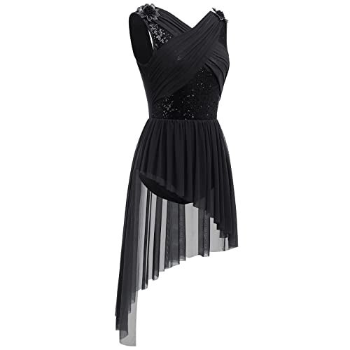 AFAVOM Women's Lyrical Dance Costume Sleeveless V-Neck Sequin Flower Lyrical Dance Dress Asymmetric Flowy Mesh Tulle Skirt Contemporary Dance Costumes Ballet Leotard Dancewear Black S - Image 2