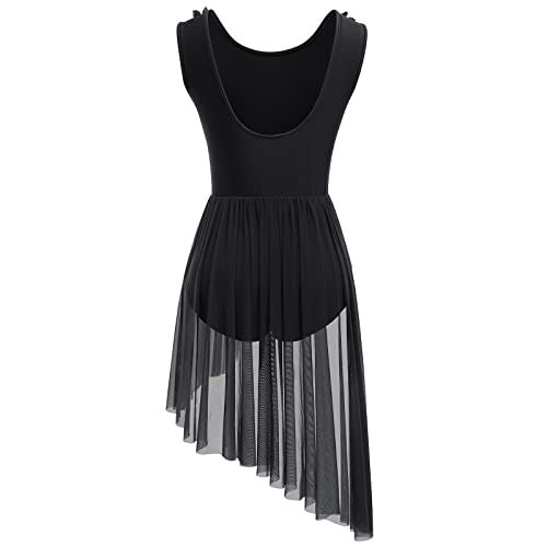 AFAVOM Women's Lyrical Dance Costume Sleeveless V-Neck Sequin Flower Lyrical Dance Dress Asymmetric Flowy Mesh Tulle Skirt Contemporary Dance Costumes Ballet Leotard Dancewear Black S - Image 3