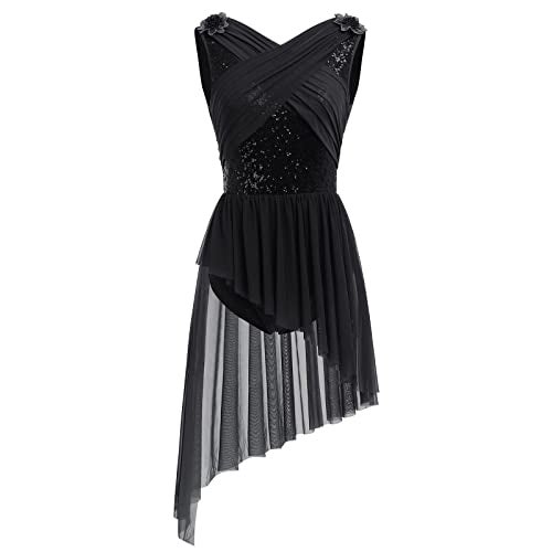 AFAVOM Women's Lyrical Dance Costume Sleeveless V-Neck Sequin Flower Lyrical Dance Dress Asymmetric Flowy Mesh Tulle Skirt Contemporary Dance Costumes Ballet Leotard Dancewear Black S - Image 1