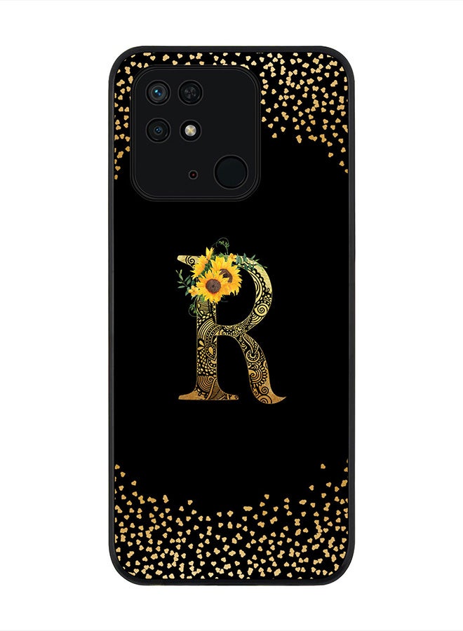 Stylizedd حافظة حواف سوداء متينة لهاتف Redmi 10C 4G، غلاف رفيع نحيف - حرف مونوغرام مخصص بنمط زهور ماندالا - R (أسود) - Image 1