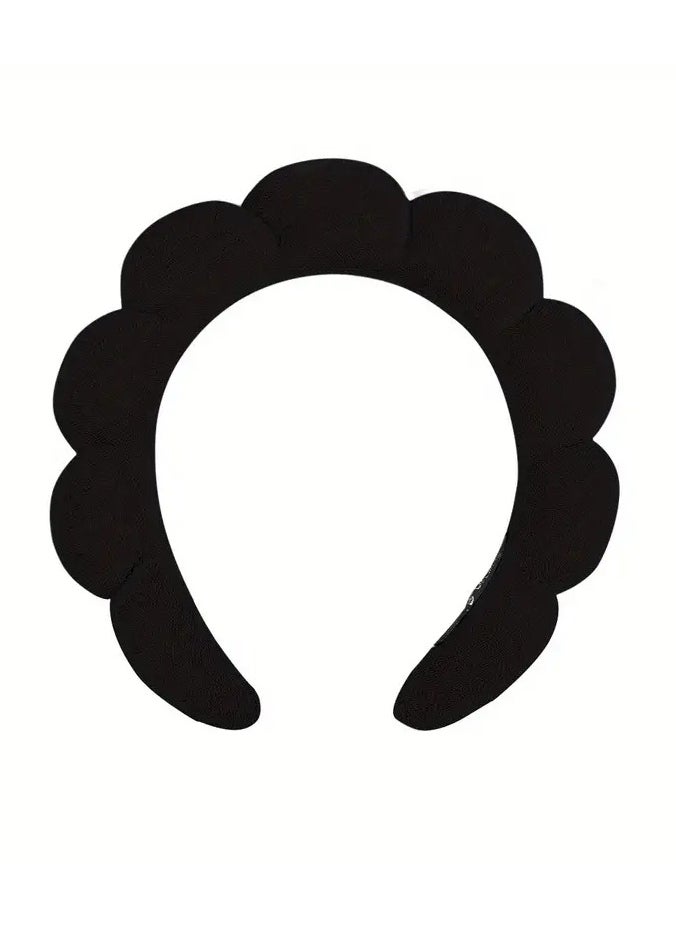 عصابة رأس سبا لغسل الوجه وإسفنجة المكياج والعناية بالبشرة، عصابة رأس على شكل فقاعات - أسود