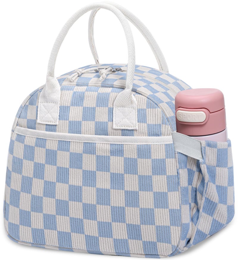 Carry bloom Lunch Box for Women Insulated Lunch Bag Cute Corduroy Lunchbag Reusable Lunchbox for Work checkered blue white