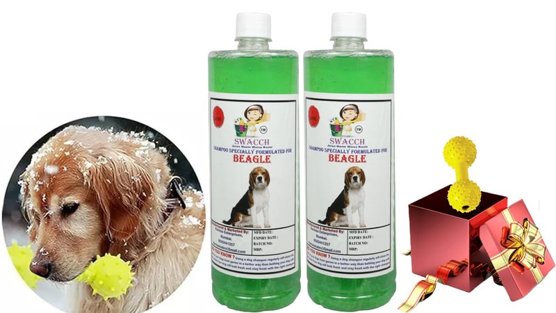 swacch Beagle Dog Shampoo + Dumbbell Toy I Durable Rubber Dog Toy for Chewing I Playing,Teeth Cleaning & Training Toy I Combo Pack I 1 Litre Pack of 2 Neem Alovera - Image 1