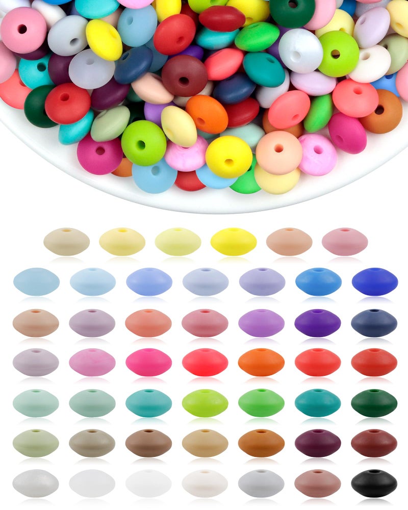 FIVEIZERO 240PC Silicone Lentil Beads 12mm 48 Colors Abacus Spacer Beads for Keychain Bracelet Jewelry Making DIY Crafts Pen Charms