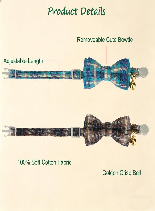YUDOTE 2 Pack Cotton Cat Collar with Bow Tie and Bell Adjustable Plaid Kitten Collars with Breakaway Buckle for Cats & Puppies,Mocca & Ocean Blue - Image 3