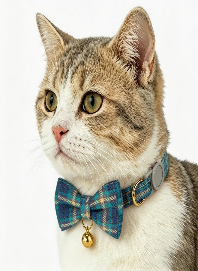 YUDOTE 2 Pack Cotton Cat Collar with Bow Tie and Bell Adjustable Plaid Kitten Collars with Breakaway Buckle for Cats & Puppies,Mocca & Ocean Blue - Image 5