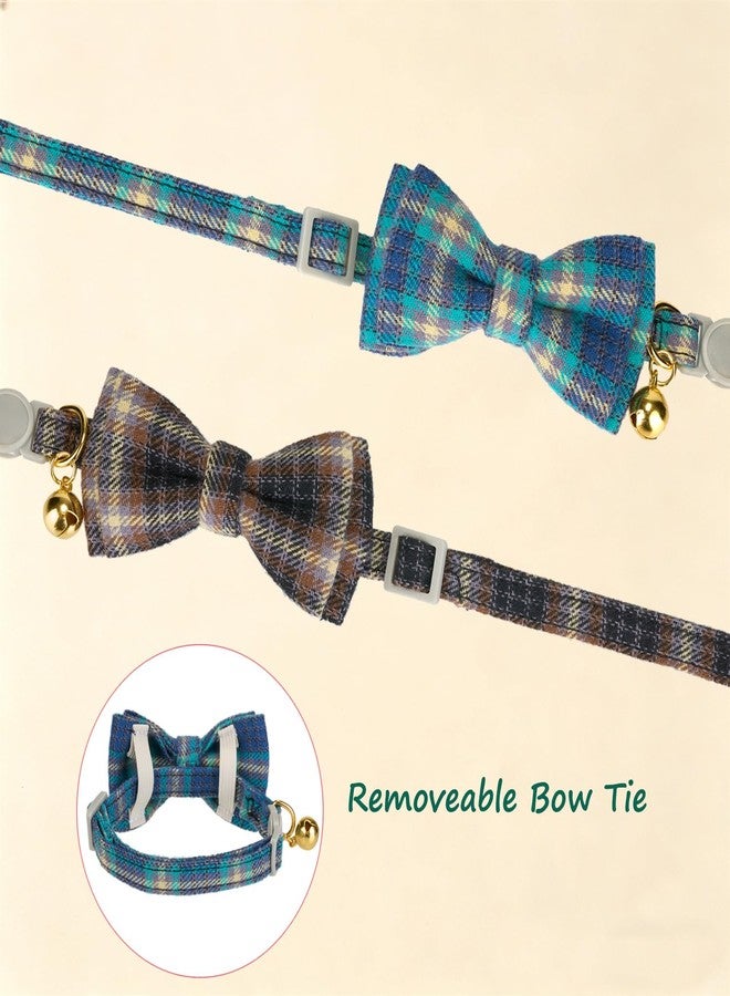 YUDOTE 2 Pack Cotton Cat Collar with Bow Tie and Bell Adjustable Plaid Kitten Collars with Breakaway Buckle for Cats & Puppies,Mocca & Ocean Blue - Image 4
