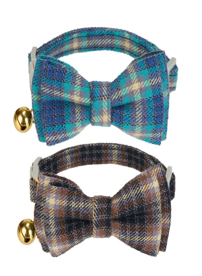 YUDOTE 2 Pack Cotton Cat Collar with Bow Tie and Bell Adjustable Plaid Kitten Collars with Breakaway Buckle for Cats & Puppies,Mocca & Ocean Blue - Image 1