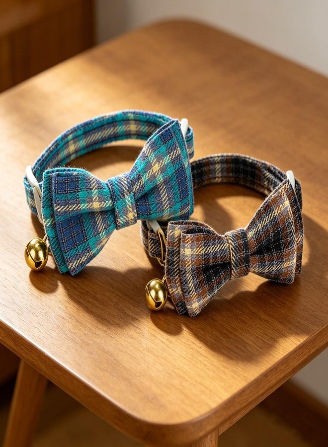 YUDOTE 2 Pack Cotton Cat Collar with Bow Tie and Bell Adjustable Plaid Kitten Collars with Breakaway Buckle for Cats & Puppies,Mocca & Ocean Blue - Image 2
