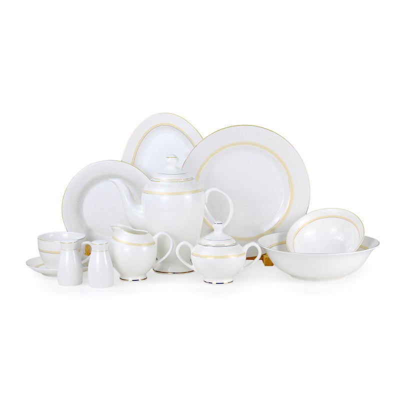 Shallow NIVA 47Pc Bone China Dinnerware Set - White with Gold Rim|Dinner Set with Plates, Bowls, Cups,Teapot for Everyday Dining ,Family Meals, Hosting & Formal Entertaining - Image 1