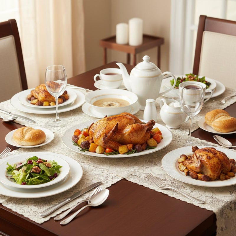 Shallow NIVA 47Pc Bone China Dinnerware Set - White with Gold Rim|Dinner Set with Plates, Bowls, Cups,Teapot for Everyday Dining ,Family Meals, Hosting & Formal Entertaining - Image 4