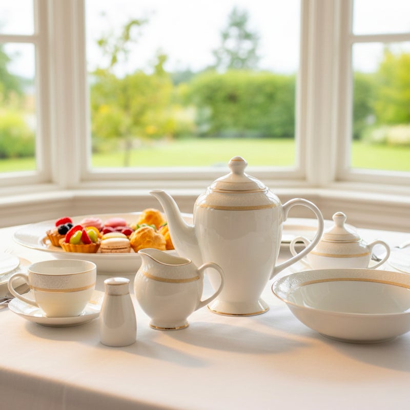 Shallow NIVA 47Pc Bone China Dinnerware Set - White with Gold Rim|Dinner Set with Plates, Bowls, Cups,Teapot for Everyday Dining ,Family Meals, Hosting & Formal Entertaining - Image 3