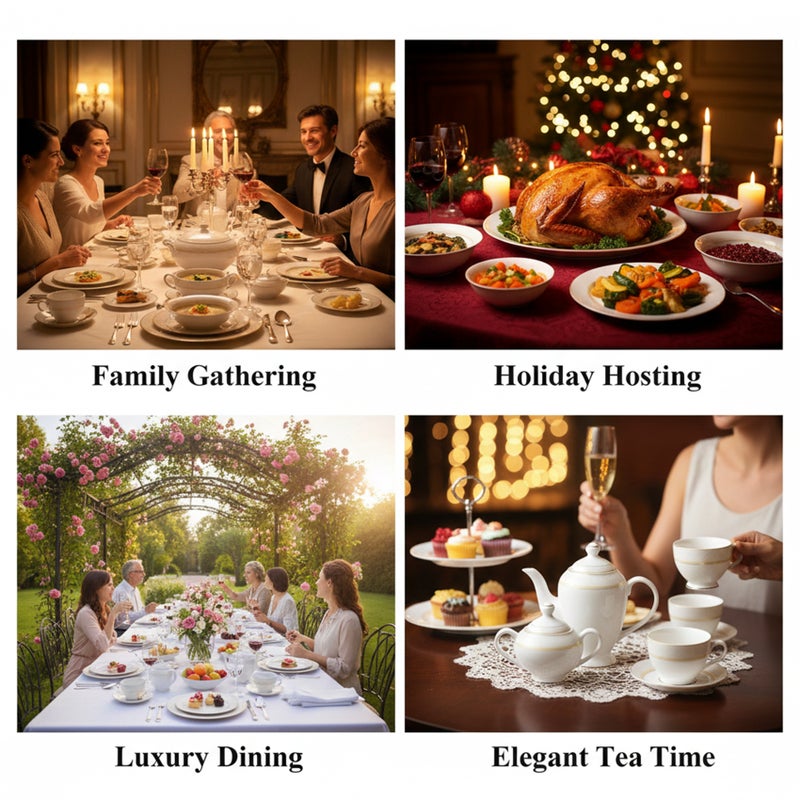 Shallow NIVA 47Pc Bone China Dinnerware Set - White with Gold Rim|Dinner Set with Plates, Bowls, Cups,Teapot for Everyday Dining ,Family Meals, Hosting & Formal Entertaining - Image 5