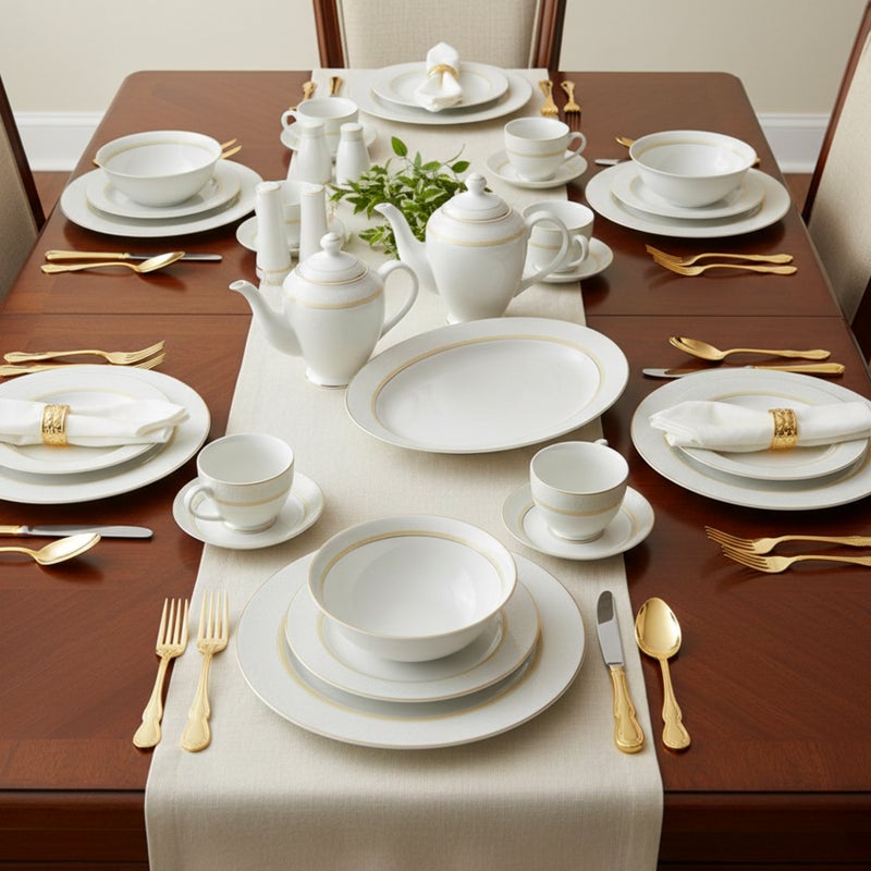 Shallow NIVA 47Pc Bone China Dinnerware Set - White with Gold Rim|Dinner Set with Plates, Bowls, Cups,Teapot for Everyday Dining ,Family Meals, Hosting & Formal Entertaining - Image 2