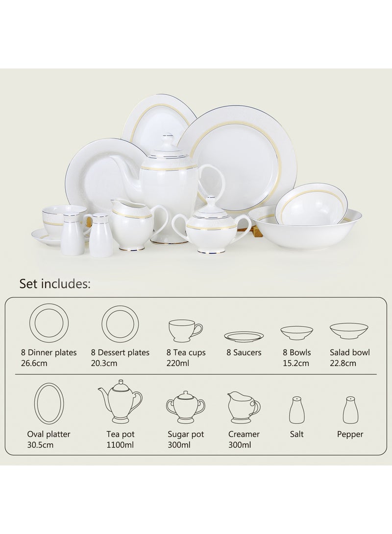 Shallow NIVA 47Pc Bone China Dinnerware Set - White with Gold Rim|Dinner Set with Plates, Bowls,Cups,Teapot for Everyday Dining,Family Meals,Hosting & Formal Entertaining - Image 5