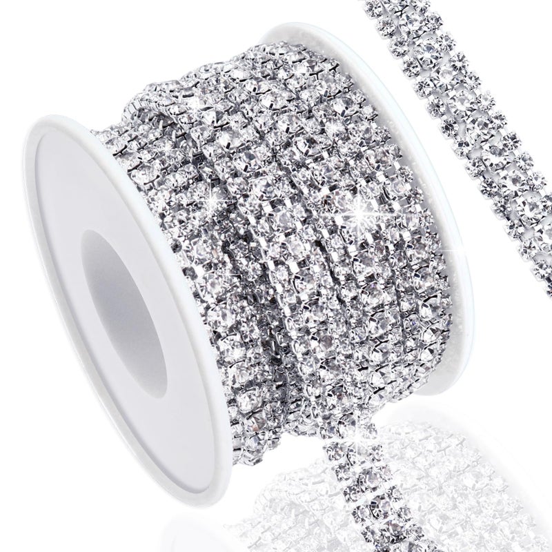 Towenm 3 Yards 3 Rows Crystal Rhinestone Chain Trim for Crafts, Silver Crystal Rhinestone Close Chain for Jewelry Making, Wedding Cake, Bouquet, Clothes, DIY Crocs, Cups, Rhinestone Sewing Trim - Image 1