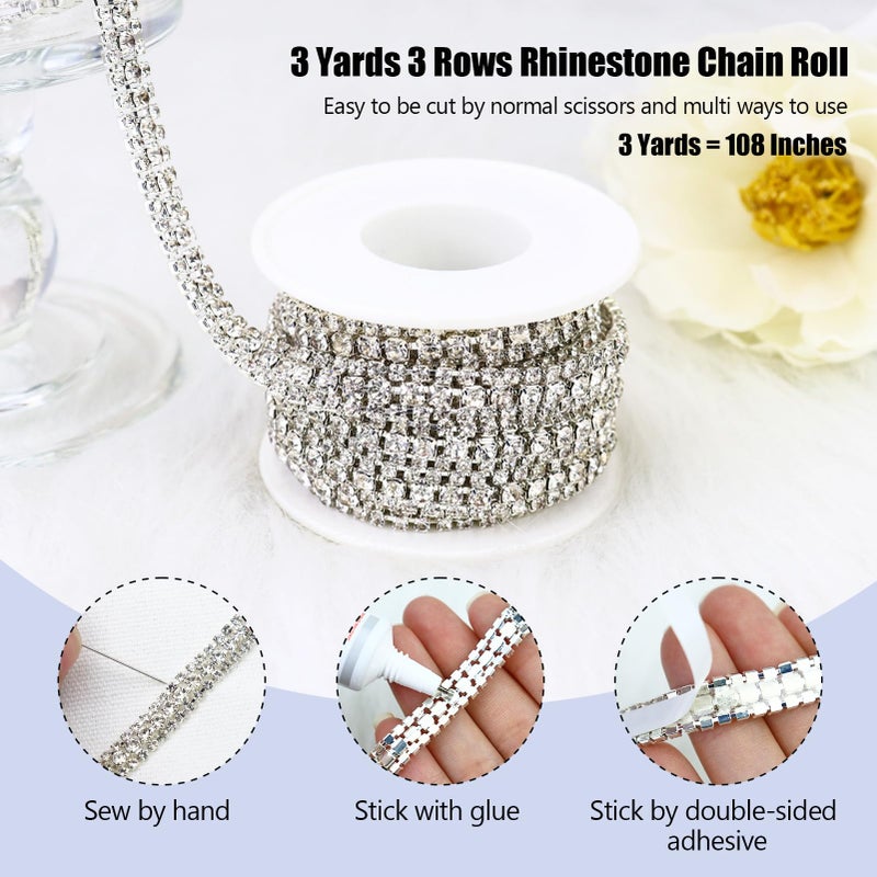 Towenm 3 Yards 3 Rows Crystal Rhinestone Chain Trim for Crafts, Silver Crystal Rhinestone Close Chain for Jewelry Making, Wedding Cake, Bouquet, Clothes, DIY Crocs, Cups, Rhinestone Sewing Trim - Image 2