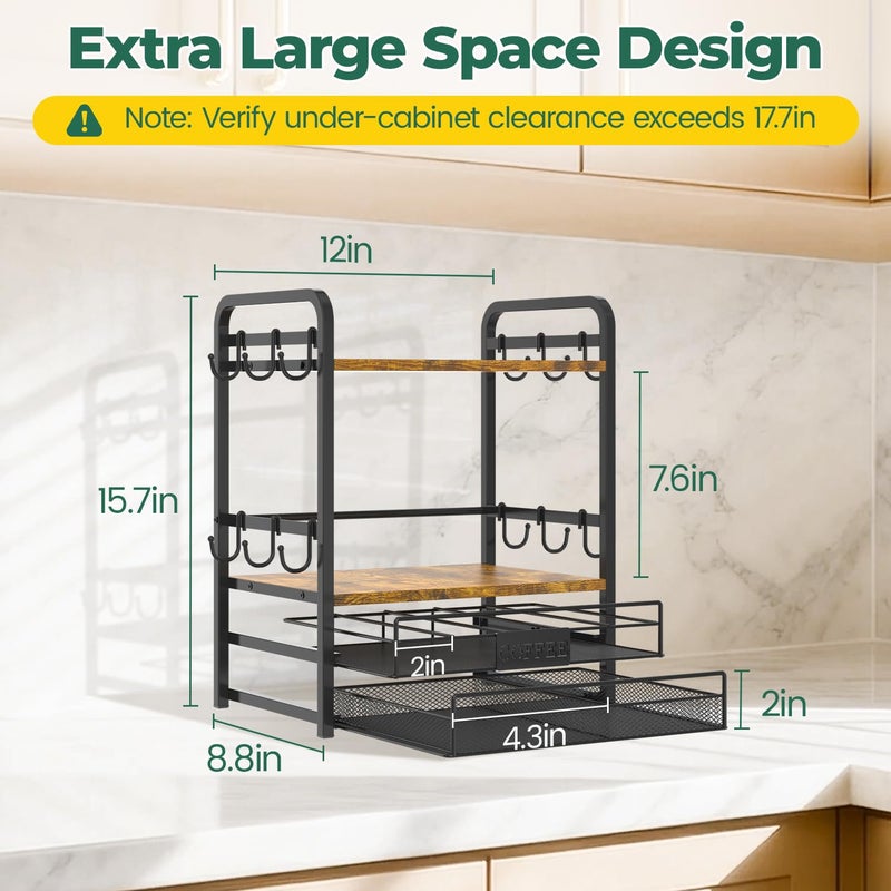 EsLuker.ly Coffee Bar Organizer Station Shelf Mug Holder for Countertop, 4 Tier Mug Holder Stand with 12 Hooks, K Cup Pod Drawer - Image 5