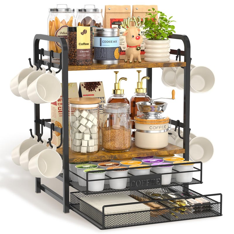 EsLuker.ly Coffee Bar Organizer Station Shelf Mug Holder for Countertop, 4 Tier Mug Holder Stand with 12 Hooks, K Cup Pod Drawer - Image 1