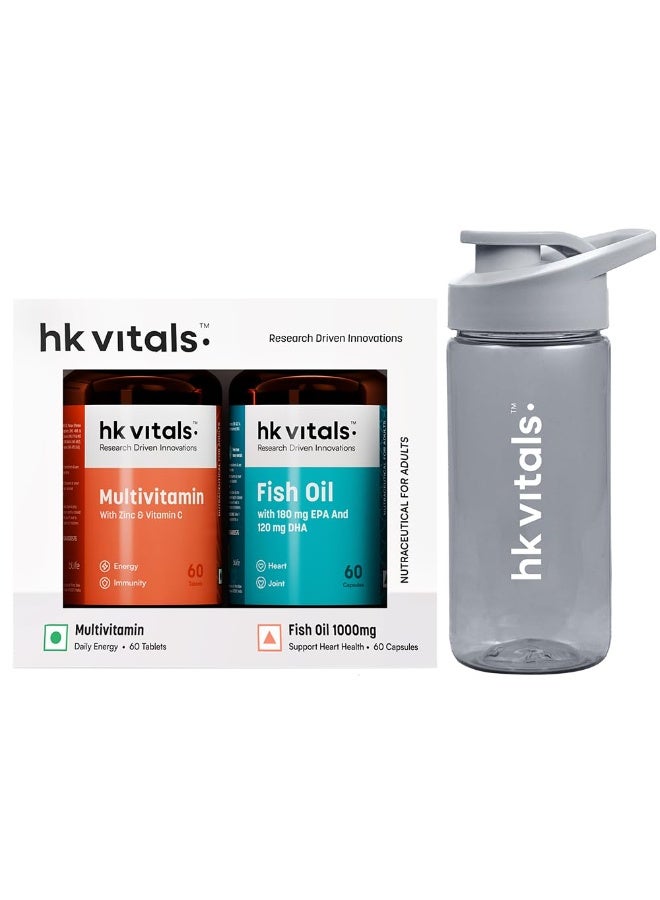 hk vitals Fish Oil and Multivitamin (60 Tablets Each) Combo Pack with Sipper, 300ml | 1000mg Omega 3 with 180mg EPA & 120mg DHA - Image 1