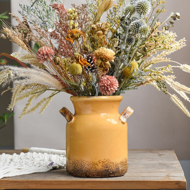 Quoowiit Ceramic Rustic Farmhouse Vase, Distressed Decorative Flower Vase for Home Decor, Ideal Shelf Decor, Yellow Boho Vases for Living Room Bedroom Kitchen Office Centerpiece Table Decorations - Image 1