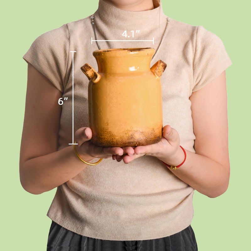 Quoowiit Ceramic Rustic Farmhouse Vase, Distressed Decorative Flower Vase for Home Decor, Ideal Shelf Decor, Yellow Boho Vases for Living Room Bedroom Kitchen Office Centerpiece Table Decorations - Image 5