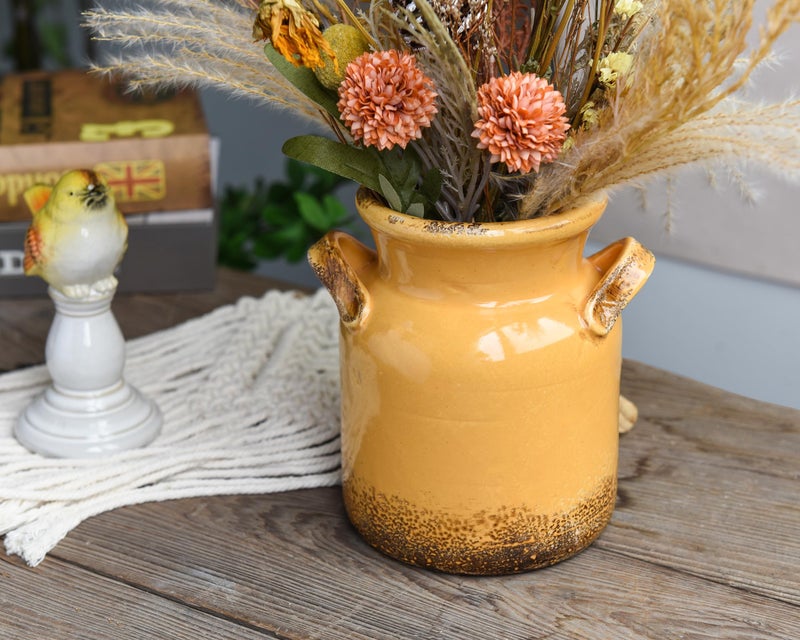 Quoowiit Ceramic Rustic Farmhouse Vase, Distressed Decorative Flower Vase for Home Decor, Ideal Shelf Decor, Yellow Boho Vases for Living Room Bedroom Kitchen Office Centerpiece Table Decorations - Image 2