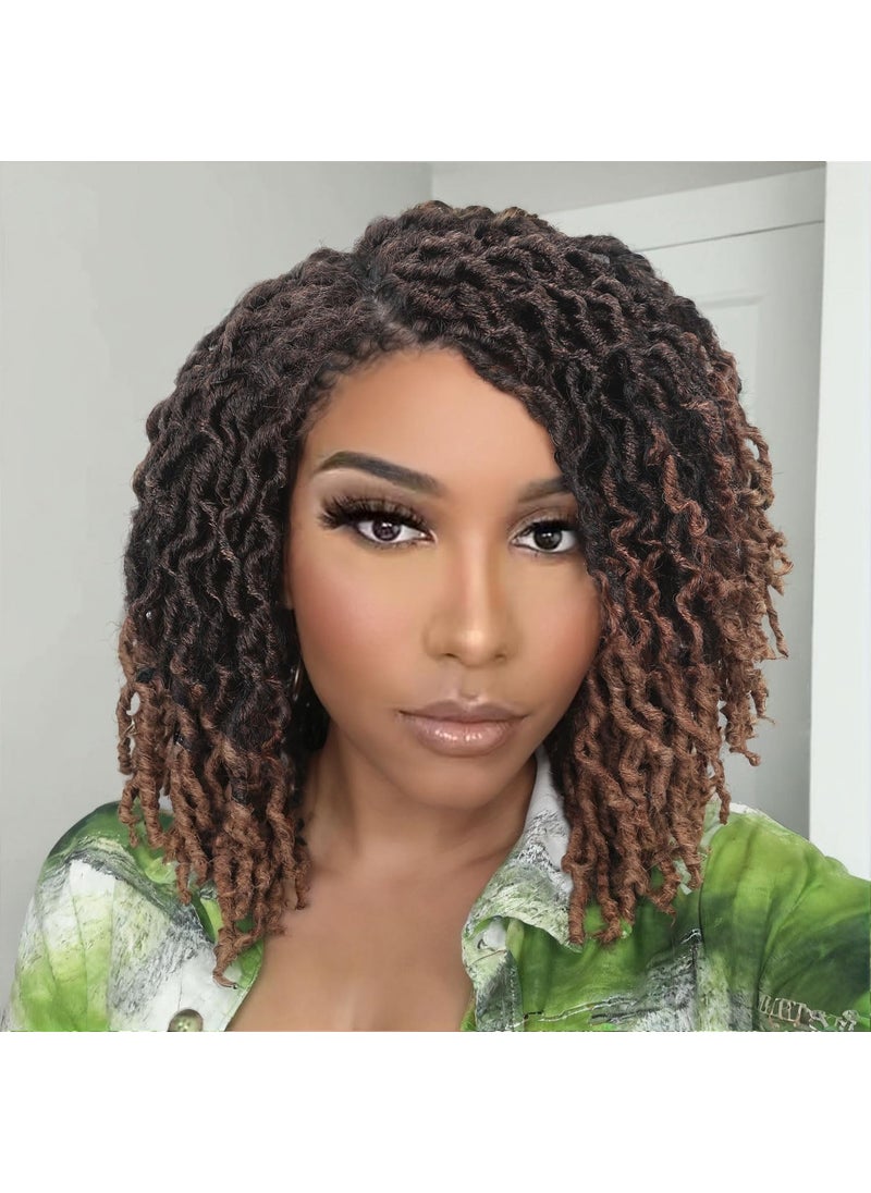 Fancy Hair Fancy Hair Dreadlock Wig Short Faux Locs Wig Ombre Brown Side Part Braided Twist Afro Curly Synthetic Dreadlock Wigs for Black Women 1B30 