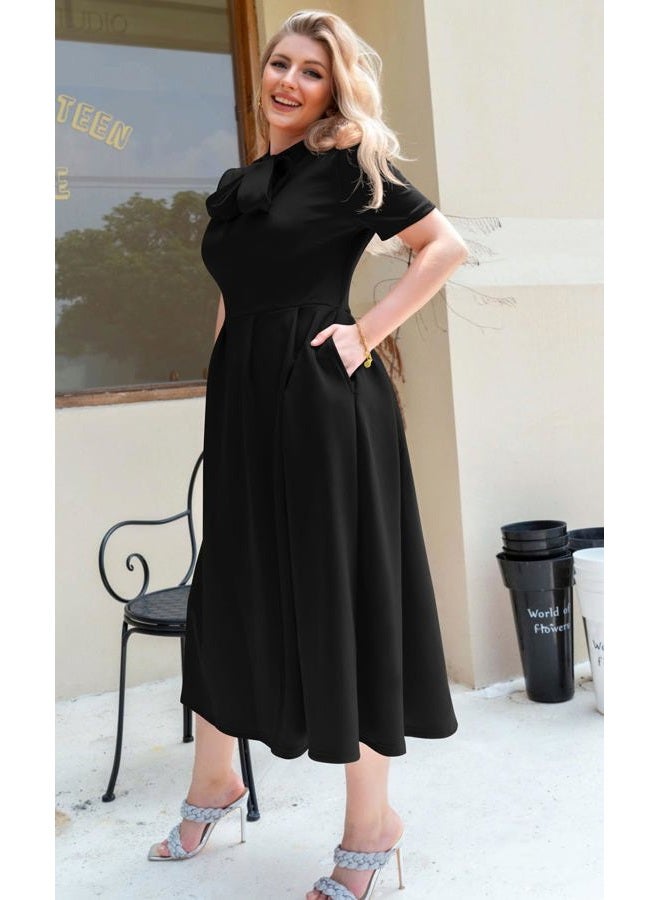 Memoriesea Women's Elegant Casual Short Sleeve Work Party A-Line Dress with Pockets, Black, X-Large - Image 4