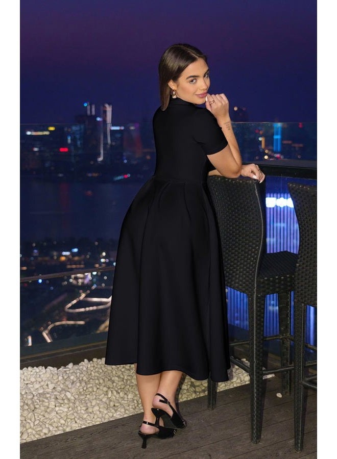 Memoriesea Women's Elegant Casual Short Sleeve Work Party A-Line Dress with Pockets, Black, X-Large - Image 3