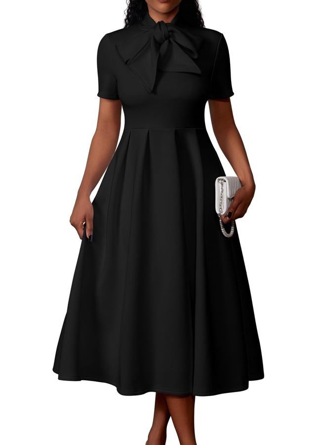 Memoriesea Women's Elegant Casual Short Sleeve Work Party A-Line Dress with Pockets, Black, X-Large - Image 1