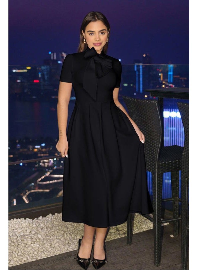 Memoriesea Women's Elegant Casual Short Sleeve Work Party A-Line Dress with Pockets, Black, X-Large - Image 2