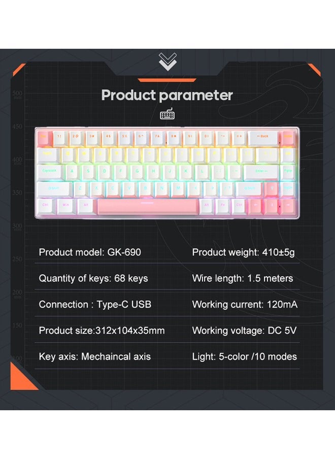 iMice - 68 Keys RGB Gaming Keyboard Wired Waterproof With Anti-ghosting Keyboard and Two-color Keycaps With Red Switch for Gamers(White and pink) - Image 1
