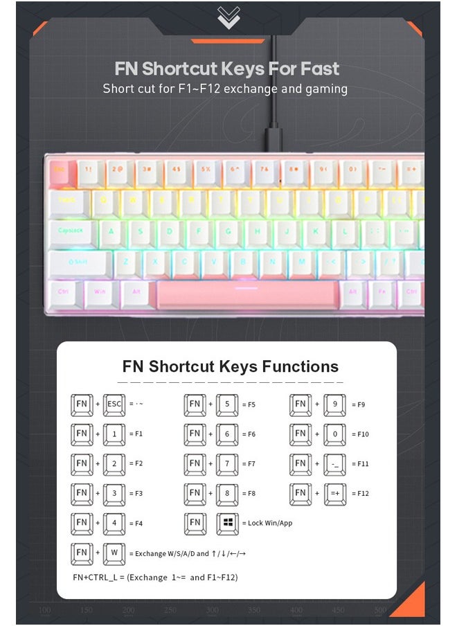 iMice - 68 Keys RGB Gaming Keyboard Wired Waterproof With Anti-ghosting Keyboard and Two-color Keycaps With Red Switch for Gamers(White and pink) - Image 1