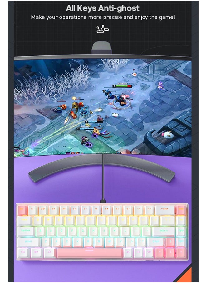 iMice - 68 Keys RGB Gaming Keyboard Wired Waterproof With Anti-ghosting Keyboard and Two-color Keycaps With Red Switch for Gamers(White and pink) - Image 1