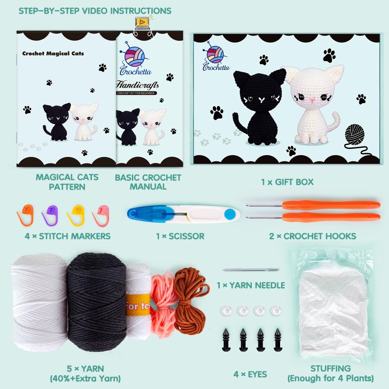 Crochetta Crochet Kit for Beginners, Crochet Starter Kit with Step-by-Step Video Tutorials, Crochet Animal Kits for Adults, DIY Craft Supplies (Magical Cats) - Image 3