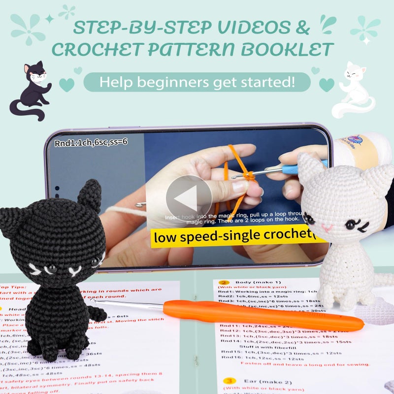 Crochetta Crochet Kit for Beginners, Crochet Starter Kit with Step-by-Step Video Tutorials, Crochet Animal Kits for Adults, DIY Craft Supplies (Magical Cats) - Image 2